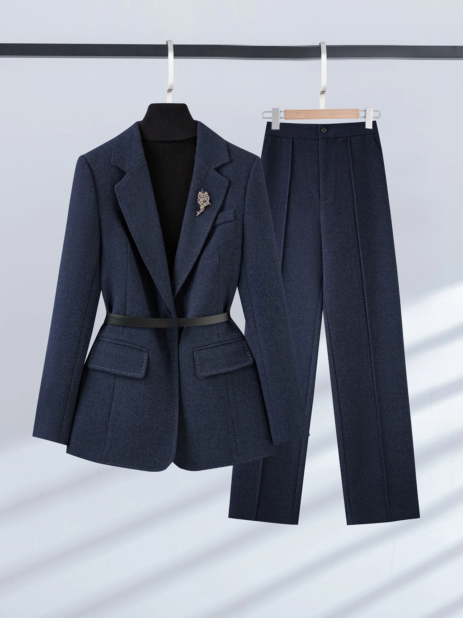 Diepblauwe damespakset Afslankende taillemat Sle Woon-werkverkeer Warm Thiened Long Sve Formele kleding Herfst Winter Nieuw A...