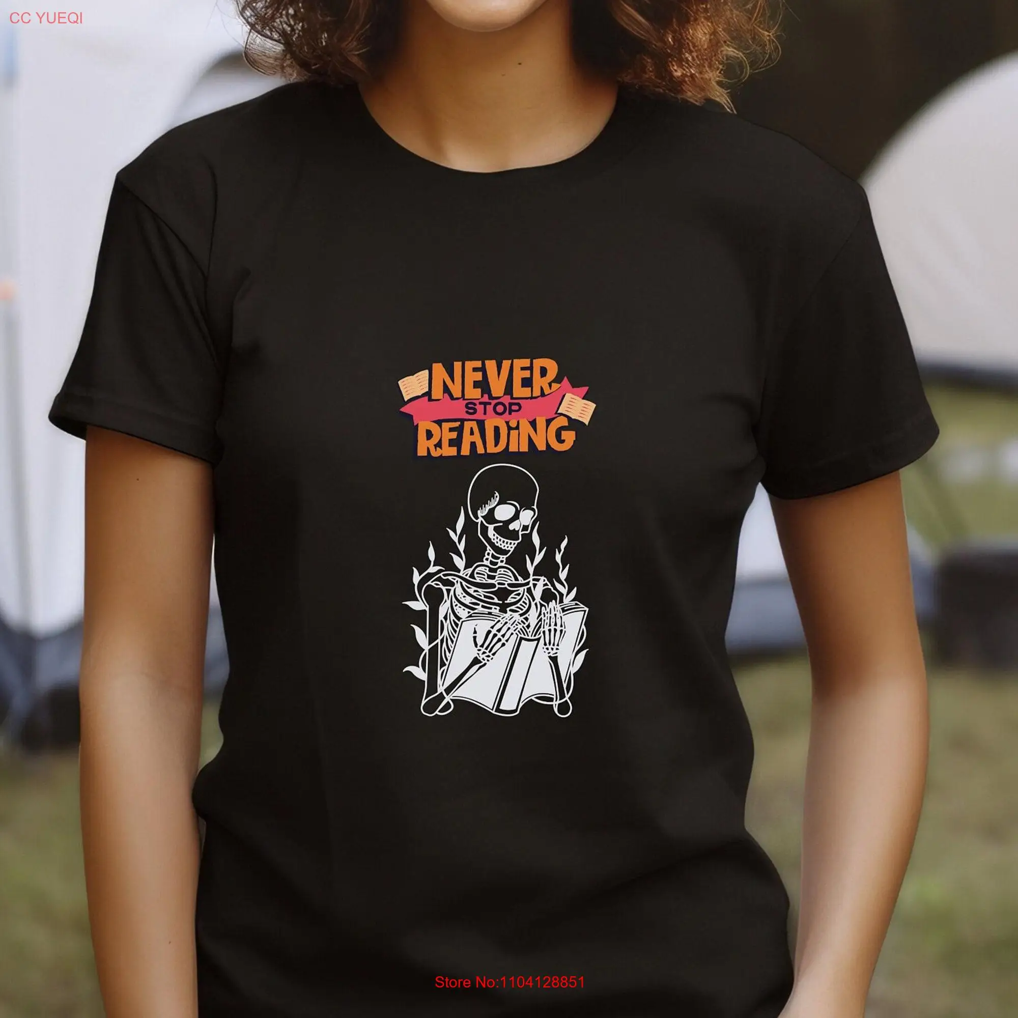 Never Stop Reading Skeleton Bookworm T Shirt Halloween Soft cotton shirts with inspirational quote theme