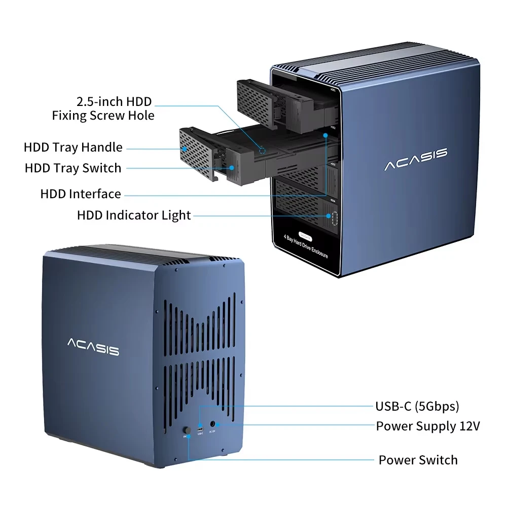 Acasis 4‑Bay Hard Drive Enclosure 2.5/3.5 Inch SATA SAS HDD SSD External Storage Case USB‑C 3.0 Support Large Capacity for Desktop Enterprise Data Storage