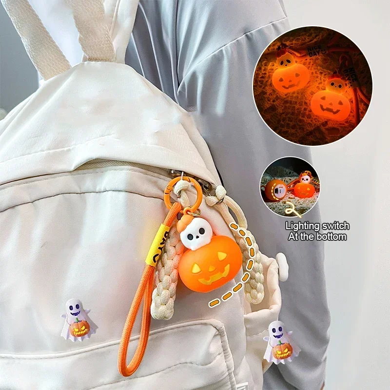 New 1pcs Halloween Pumpkin Lamp Keychain for Men and Women, Cartoon Skull Model, Car Bag Pendant, Keyholder Accessories, Kawaii - view 5