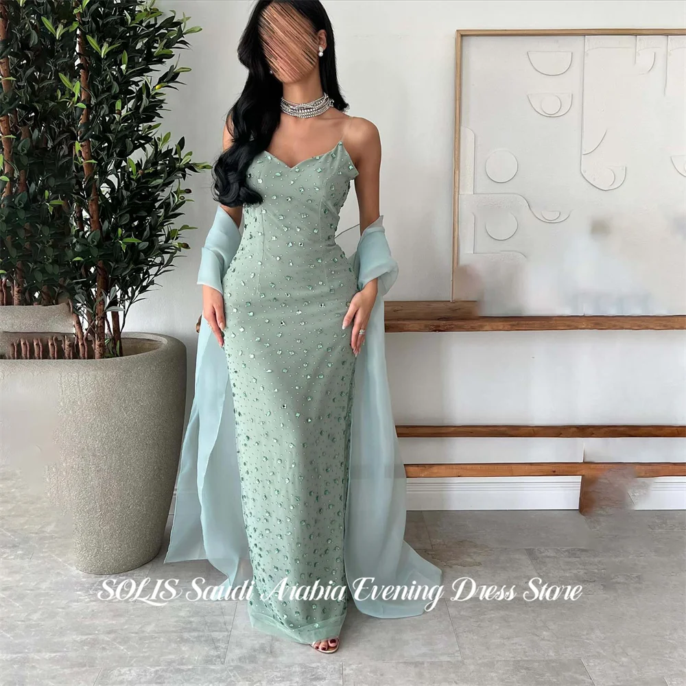 

SOLIS Mint Green 프롬 드레 Strapless Sleeveless Prom Gown Trumpet Tulle Party Dress for Formal Event Crystal Shawl Customized
