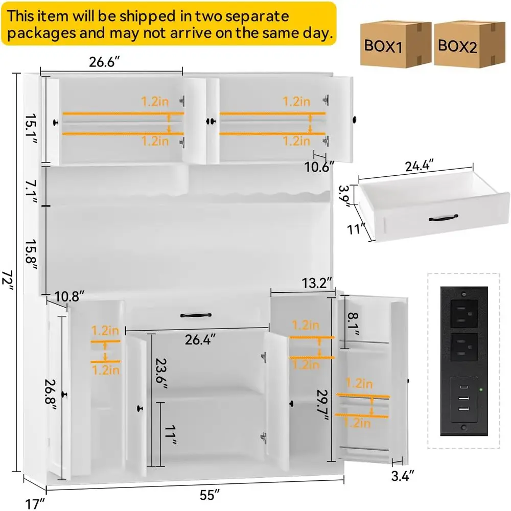 72 Tall LED-lit Pantry Cabinet with Charging Station, Adjustable Shelves, Wine Rack & Large Countertop