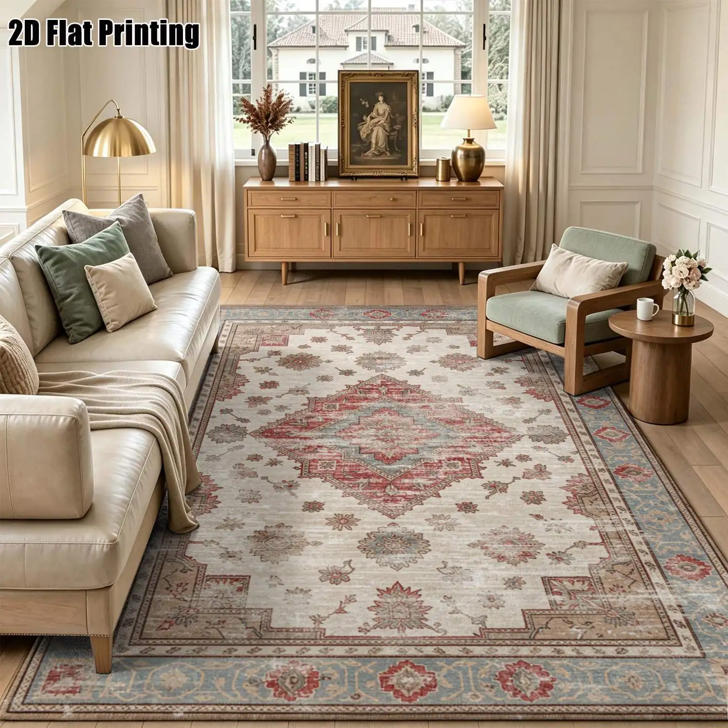 1Pc 2D Printed Carpet, Black Base Gold Floral Pattern, European Retro Luxury Style, Home Decor, Multi-Size Machine Washable, Multi-Scene Use