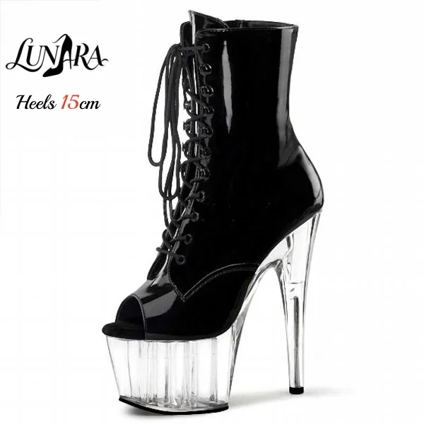 15cm/6Inch Black Patent leather Lace-up Side zipper Peep toe Platform Stilettos Clear heel Ankle boot Pole dance Nightclub Party