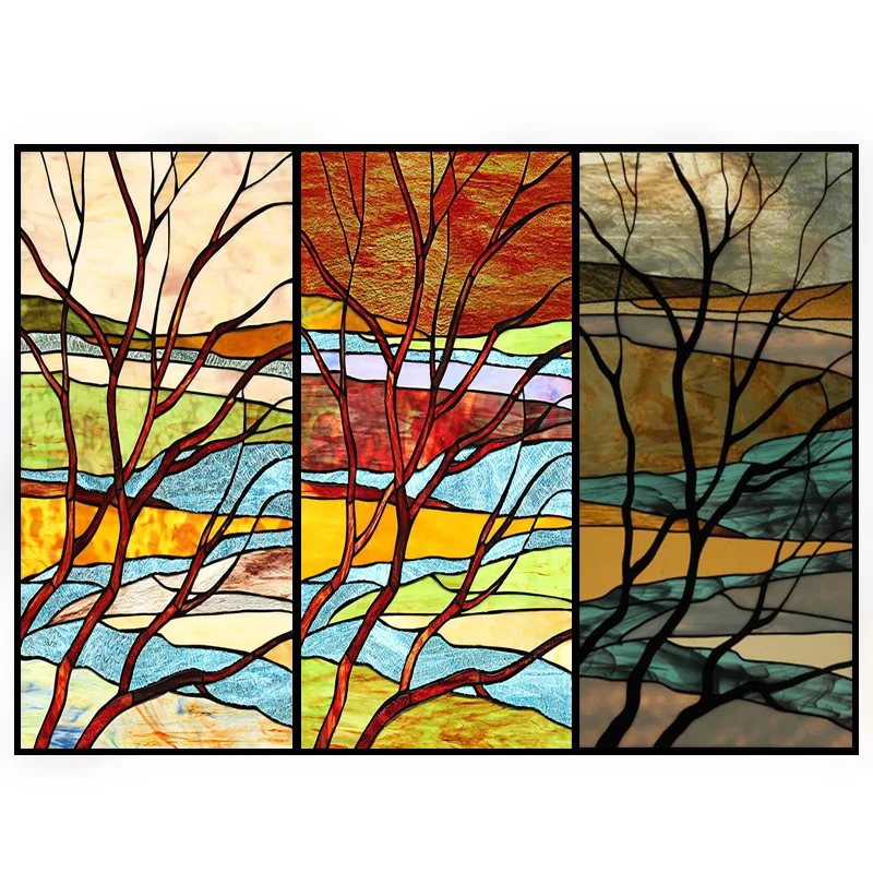 Custom Size Stained Window Glass Static Cling Privacy Film  Nature Landscape Flower Tree River View for Home Door Office Decor