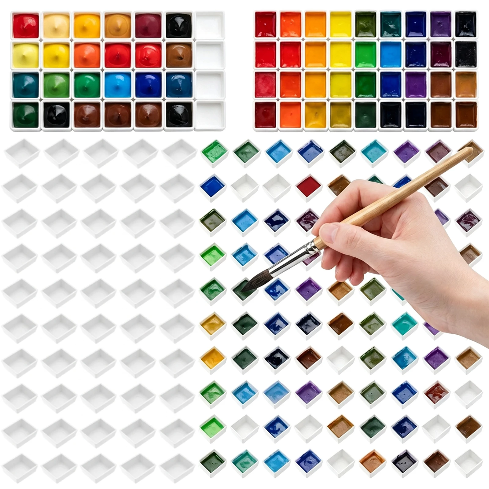 150Pcs Watercolor Half Pan Empty White Color Empty Plastic Half Pan Watercolor Paint Grid Pans for Watercolor Acrylic Oil Paints