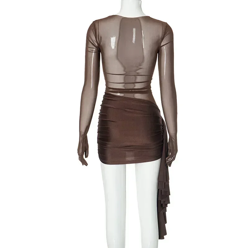 สีน้ําตาลเซ็กซี่ SHEER ตาข่ายดูผ่านผู้หญิง Y2K ชุดแฟชั่นฤดูร้อน Vestidos แขนยาว Club PARTY Dresses MINI