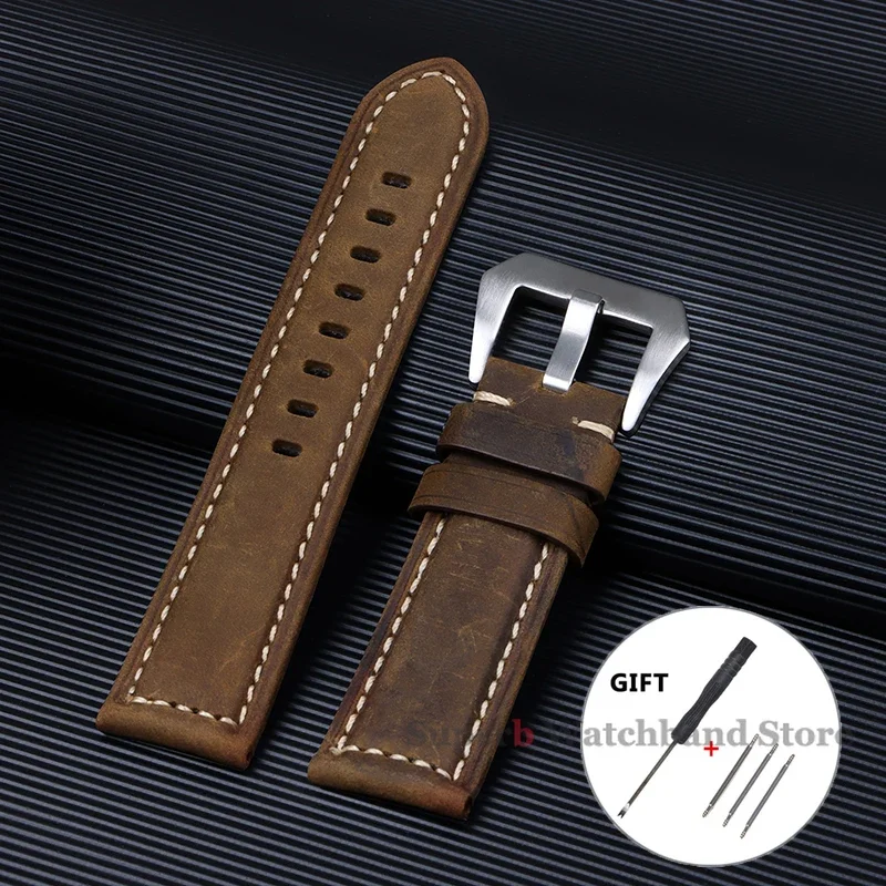 عالية الجودة جلد البقر سوار من الجلد 20 22 24 26 مللي متر الرجال حزام ساعة اليد ريترو حلقة من جلد لبانيراي كريزي هورس الرياضة سوار