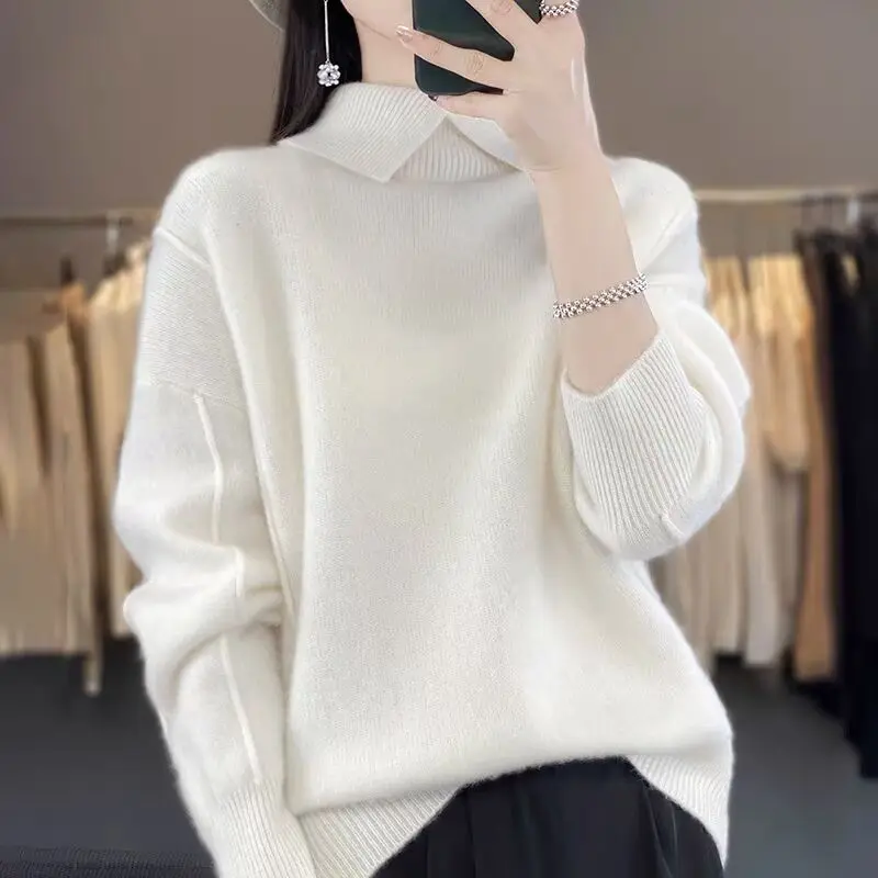 

Autumn Winter New Turn-down Collar Knitted Sweaters Simple Solid Loose Commute Pullovers Women Warm Soft Wool Tops