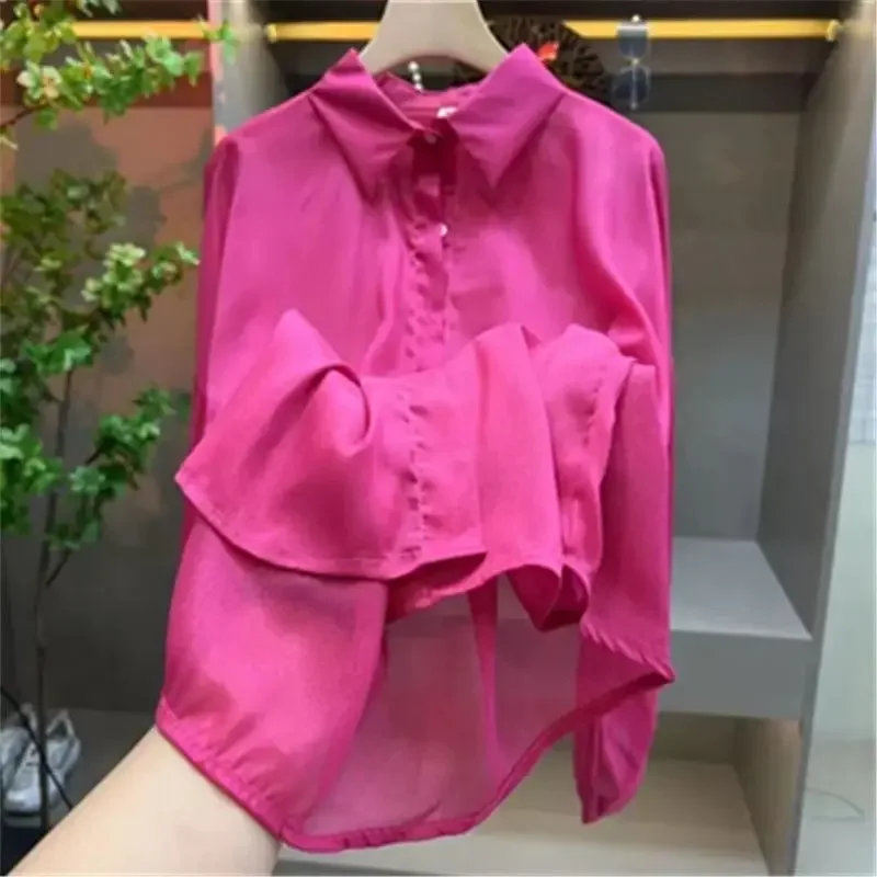 Shiny Pearlescent Chiffon Long-sleeved Sunscreen Shirt Women's Spring and Summer Loose Versatile Shirt Air-conditioning Shirt