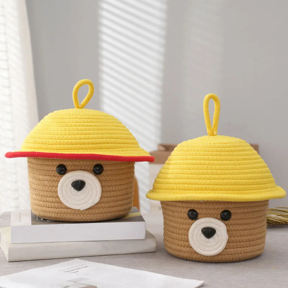 

Adorable Bear Design Cotton Rope Woven Basket with Cover Multipurpose Storage for Nursery Room Desktop Organizer Household Items
