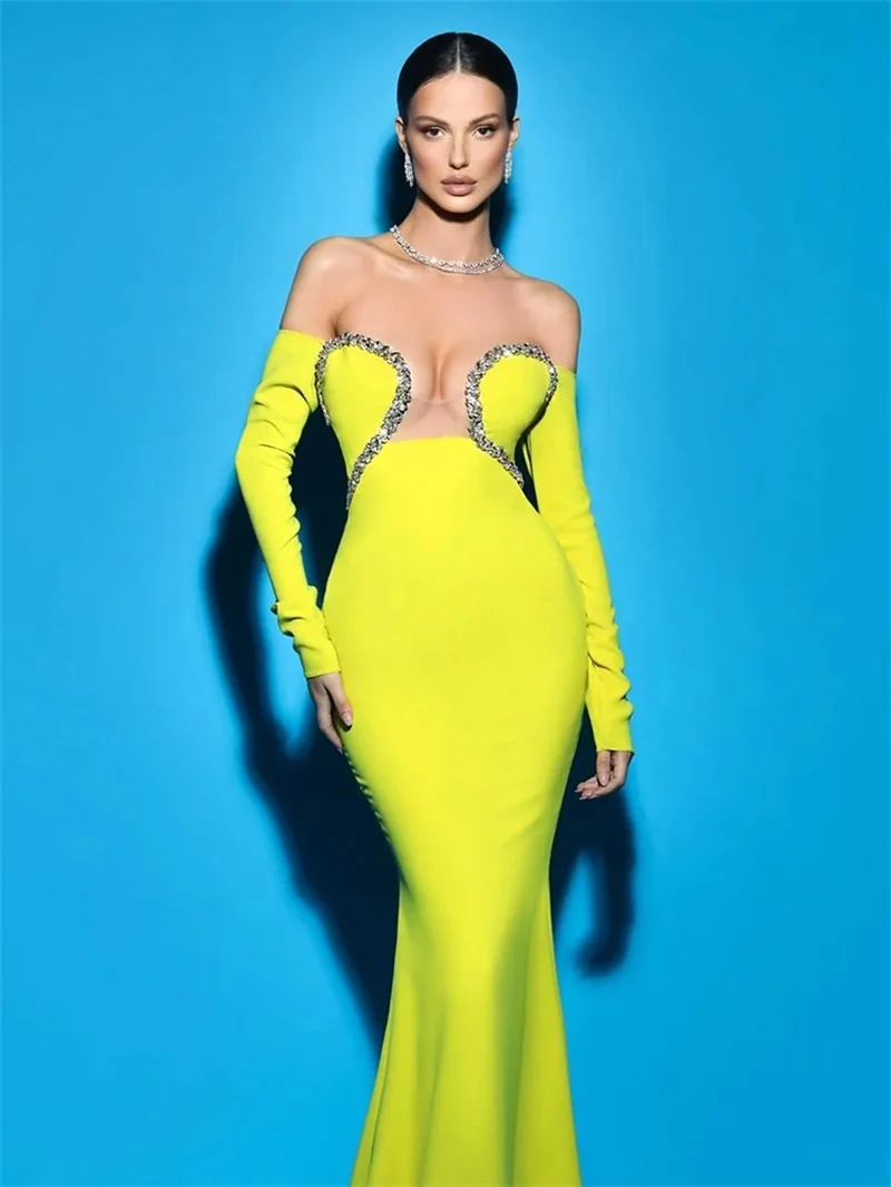 

Yellow Prom Party Dress Sexy Off Shoulder Crystal Bandage Mermaid Evening Dress Full Sleeves Robe De Mariée Vestido Gown