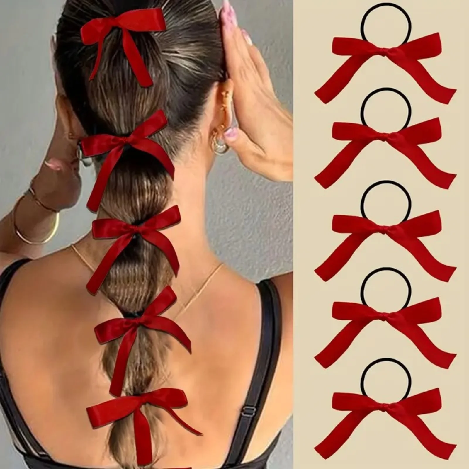 Attaches pour cheveux à nœud rouge, 5 pièces, élastiques pour cheveux en ruban de Satin, accessoires pour cheveux pour femmes et filles, supports queue de cheval tendance pour fête quotidienne