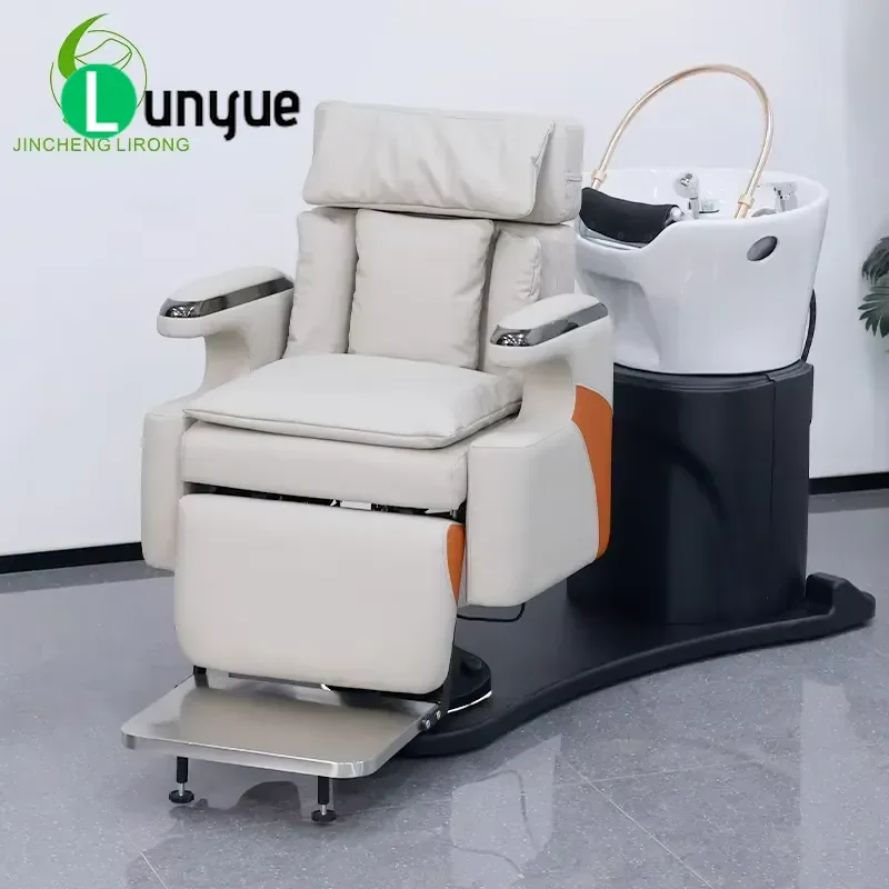 Adjustable Stainless Steel Shampoo Bed with Ceramic Basin Height Backrest Leg Rest for Spa Hair Washing Equipment