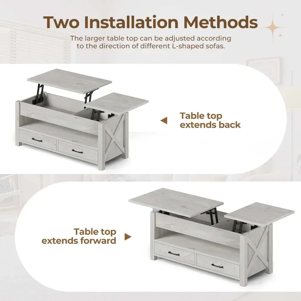 Mesa de centro con 2 cajones de almacenamiento y compartimento oculto, soporte de madera X, mesa central retro con mesa elevable, mesas de café