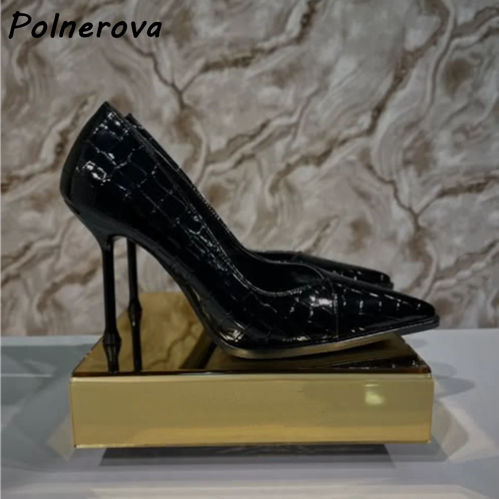 

Stone Pattern Black Pumps Thin Heels Slip On Shallow Sexy Pointy Toe Pumps Solid All Match Concise Women's Party Fashion Shoes
