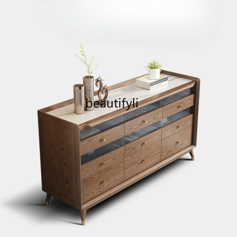 

Nordic Solid Wood Stone Plate Sideboard Cabinet Ash Wood Household Multi-Functional Storage Bedroom Storage Cabinet