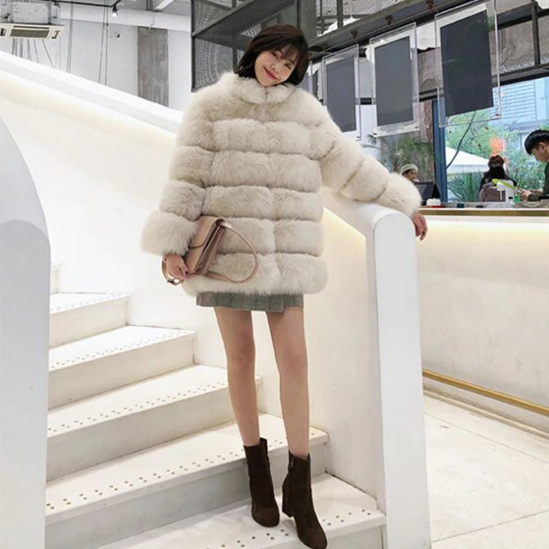 Korean Style Elegant Women Thick Warm Faux Fur Coat Mid-length Stand Collar 2023 Winter Fluffy Fur Jacket Lady Luxury Overcoat