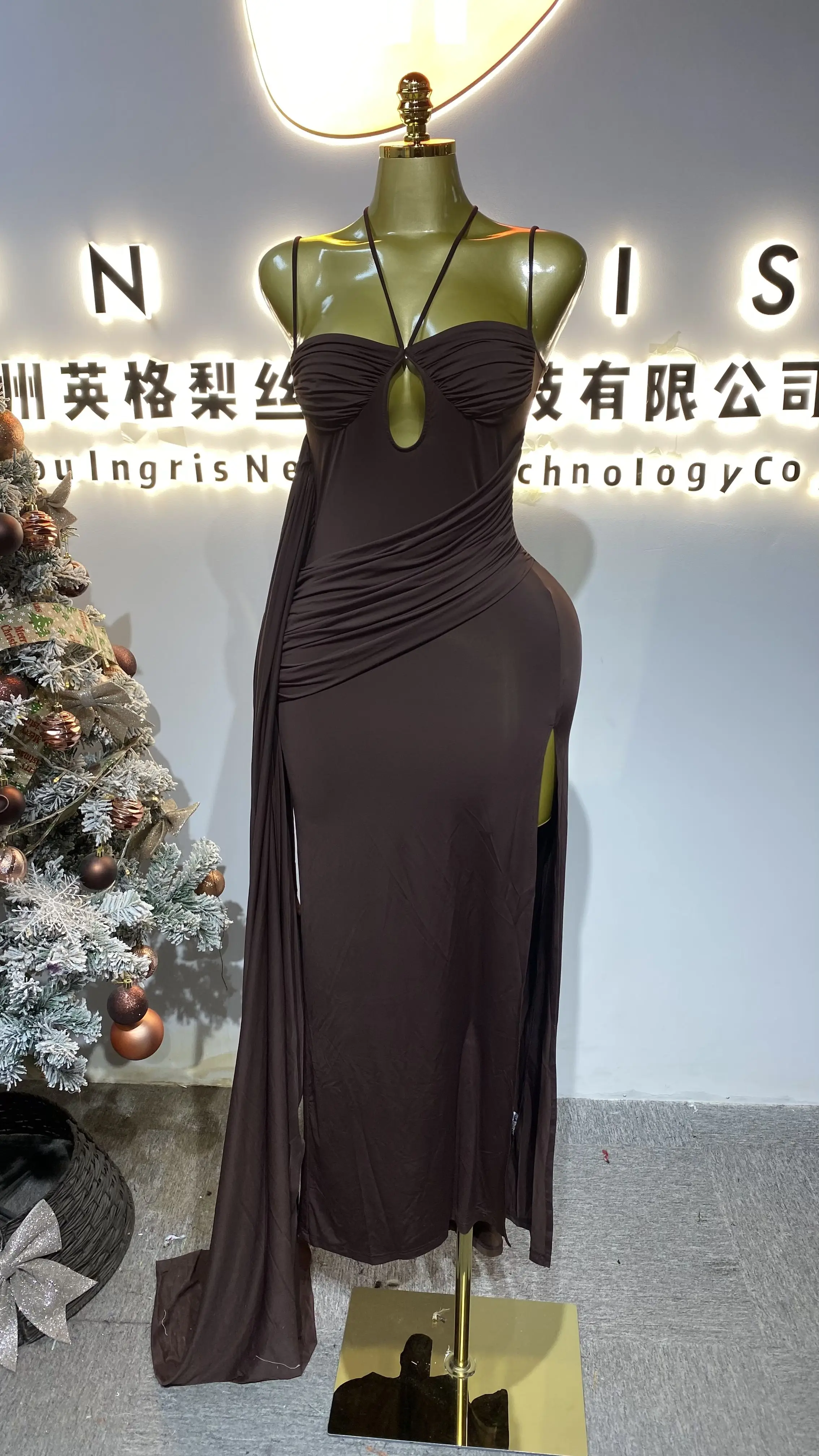 

New hollow backless ribbon coffee-colored pleated women's party dress/evening gown-GZXX582