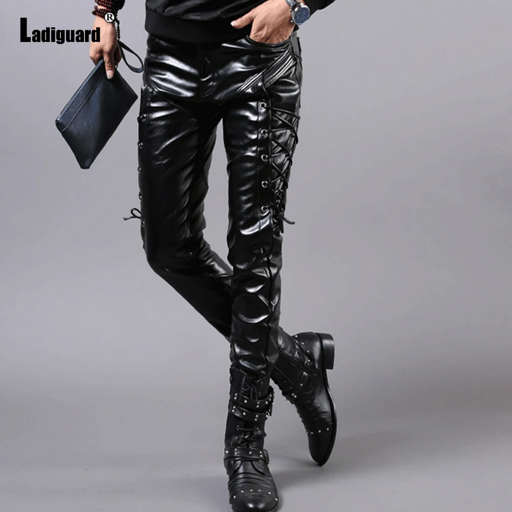 2023 New Sexy PU Leather Pants Male Slim Motorcycle Trouser Punk Style Fashion Zipper Cuff Pantalon Black Soft Faux Leather Pant