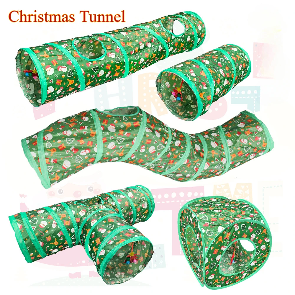 Tunnel de Noël en forme de S pour chat, chemin de piste, positions de chat, ver de terre roulant, père Noël, arbre de Noël, jouet de canal pour chat