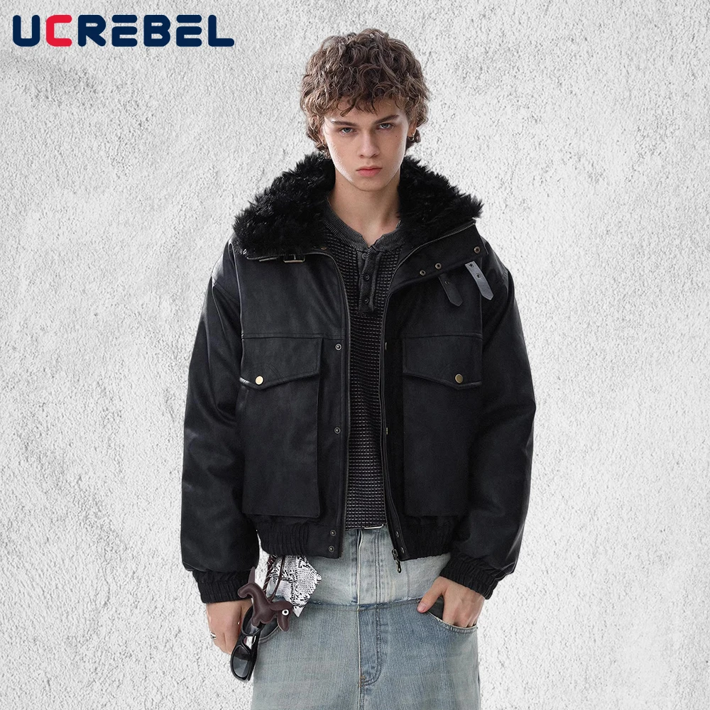 

Мужская стеганая куртка из искусственной кожи с большим карманом, зимняя ретро уличная толстая стеганая куртка с меховым воротником и длинным рукавом