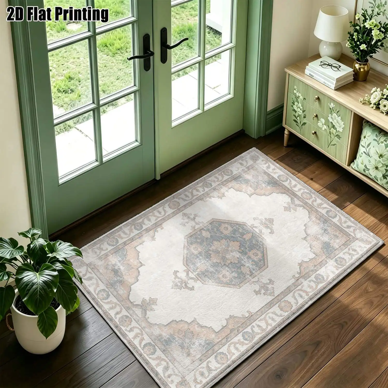 1Pc 2D Printed Carpet: Blue-Grey Retro Floral Pattern, European/Bohemian Style, Machine Washable, Multi-Size for Home Decor, Suitable for Living Room, Bedroom, Dining Room, Entrance, Study