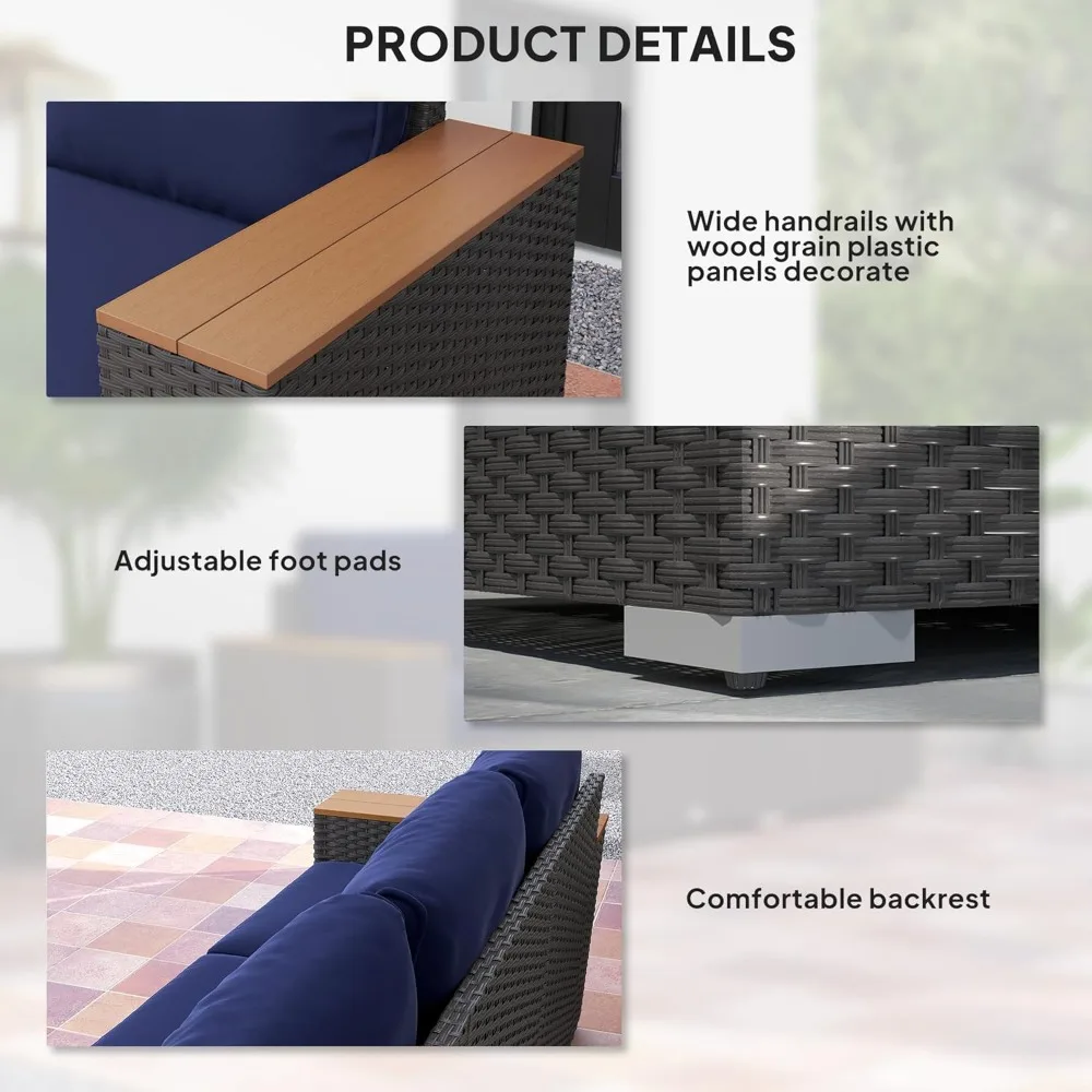 أريكة فناء خارجية بثلاثة مقاعد مع وسائد، أريكة من الخيزران من البولي إيثيلين مع مساند للذراعين واسعة من الخشب والحبوب، أريكة من الخيزران في الهواء الطلق للشرفة، G #6