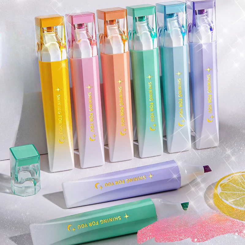 

Glitter Highlighter Set Light Color Macaron Color Student Markers DIY Cute Stationery Kawaii Handbook for Students Office