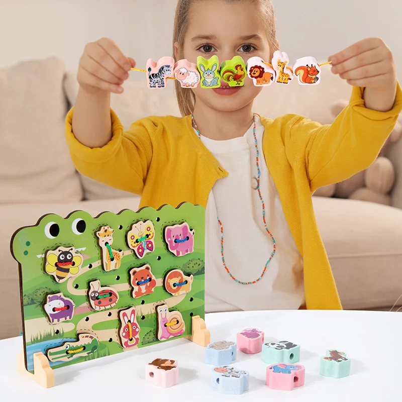 2-in-1 Montessori Wooden Bead String Game Rope Threading Toy Shape Matching Grab Board Kids' Early Education Enlightenment Toy