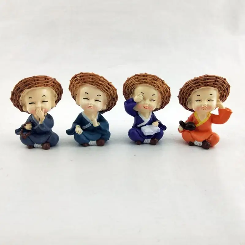 U2JA 4Pcs Car Decoration Resin Monks Buddha Straw Hat Cute for Doll Auto Interior Dashboard Ornament Automobiles Accessories