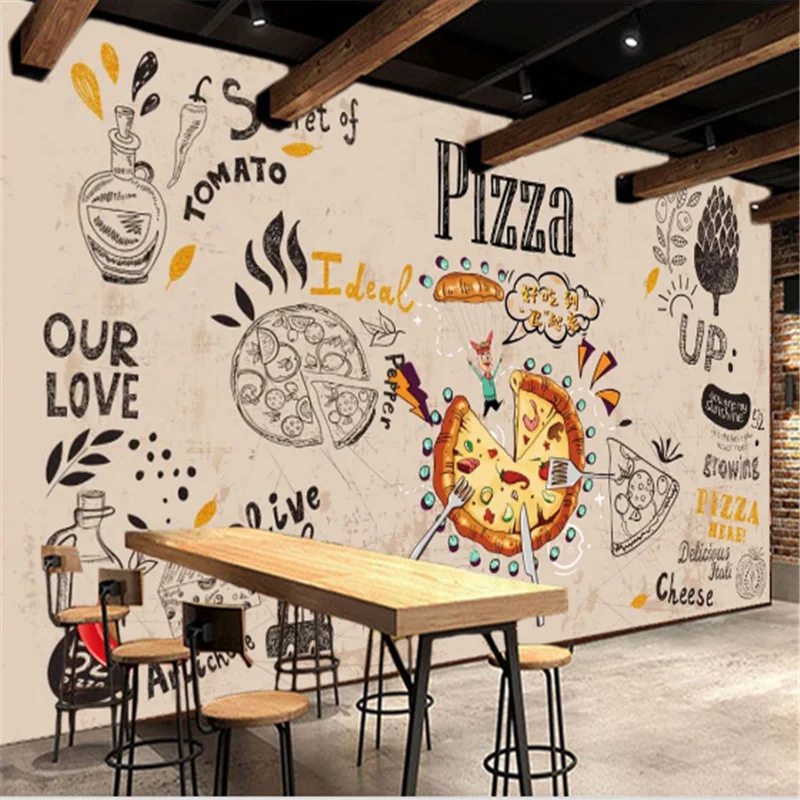 Custom pizza Wall Paper 3DWall Mural Wallpaper 3D Snack Bar Burgers Western Fast Food Restaurant Background  Industrial Decor