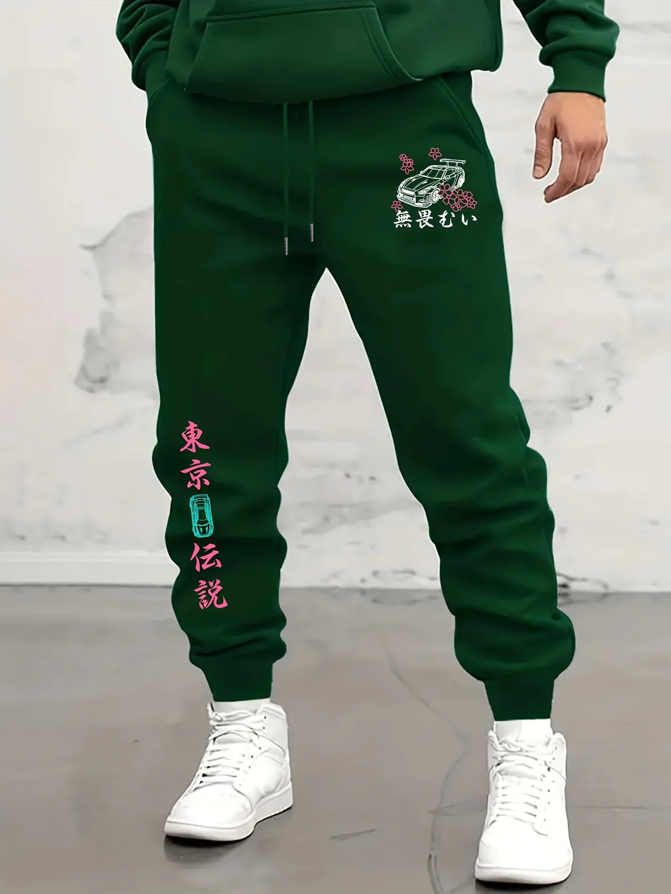 JDM‑culture cherry‑blossom racing‑car stylish tapered fitted sweatpants men hip hop sports jogger trousers