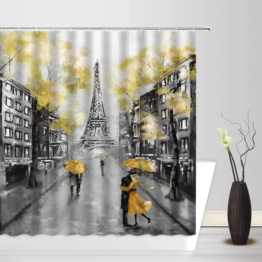 Vintage Paris City Scenery Shower Curtain Tower Pink Rose Flower Painting Spring Bathroom Decor Waterproof Screen With Hooks