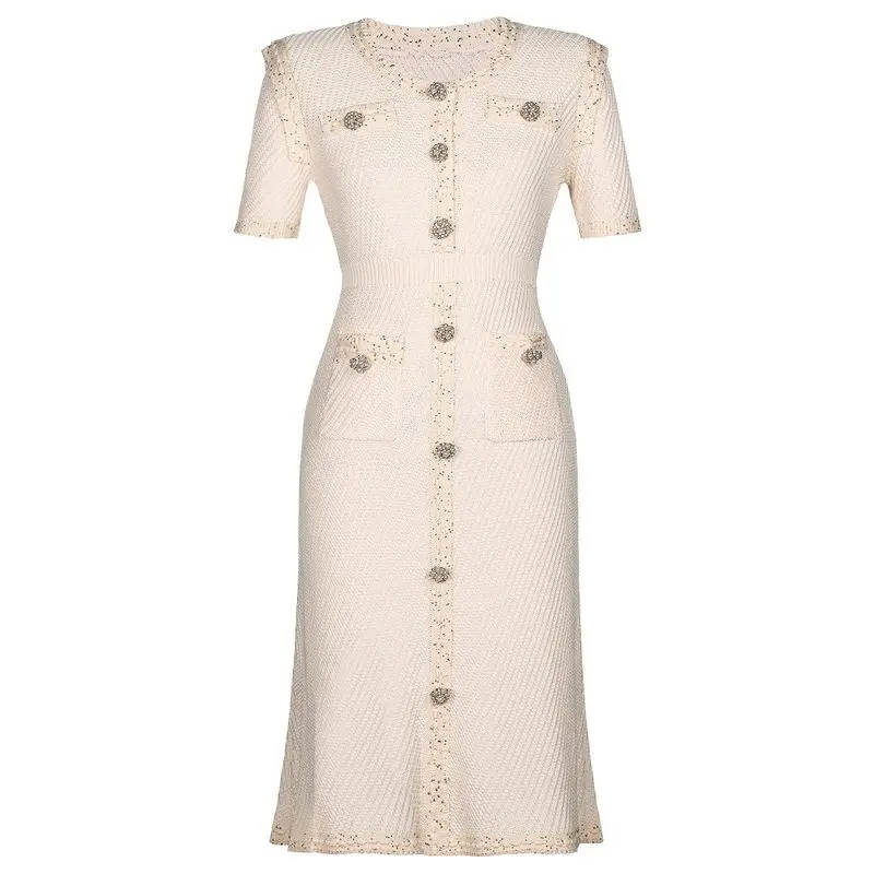 

Fashionable Knitted Short Sleeve Slimming Dress Women's Premium Quality Spring Summer New Style Midi Length round Neck Dress