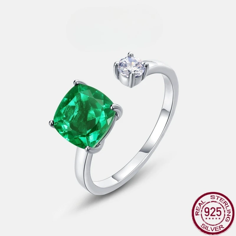 

New S925 Pure Silver Set with Grandmother Emerald Simple Fashion Ring Wedding Jewelry