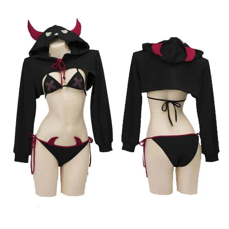 Punk Duivel Meisjes Bikini Set Hoodie Crop Top Lange Mouw Halloween Cosplay Nachtjapon Rollenspel Student Outfits Lingerie CHJ 325688