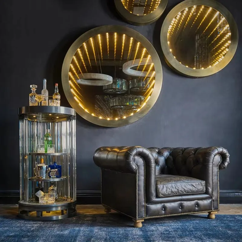 Antique Light Emitting Diode Bulb Villa Light Initial Flat Brass Round Wall Mirror Retro Infinite Light