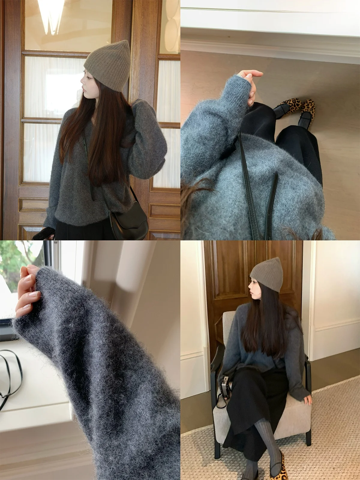 

Seeyouiceland La Douceur Fce шерстяной свитер с капюшоном и v-образным вырезом, женский повседневный свободный крой, длинный трикотаж свека, осень 2025 г.