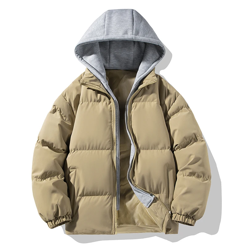 

New Winter Men'S Loose Fashionable Versatile Hooded And Fake Two-Piece Coat For Teenagers' Leisure Thick Warm Down Cotton Jacket