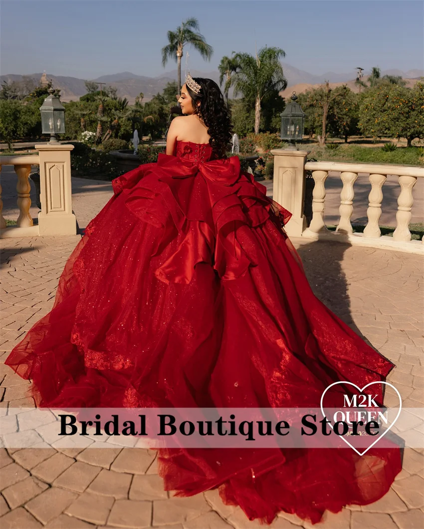 New Design Red Quinceanera Dress 2024 With Bow Beads Crystals Pleats Ball Gown Flowers Appliques Vestidos De 15 Años