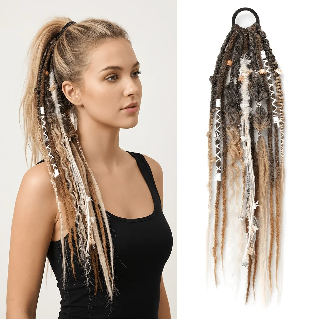 Handmade Boho Braided Dreadlock Synthetic Ponytail Hair Extensions With Beaded For Women to Wear During Holiday and Events Party