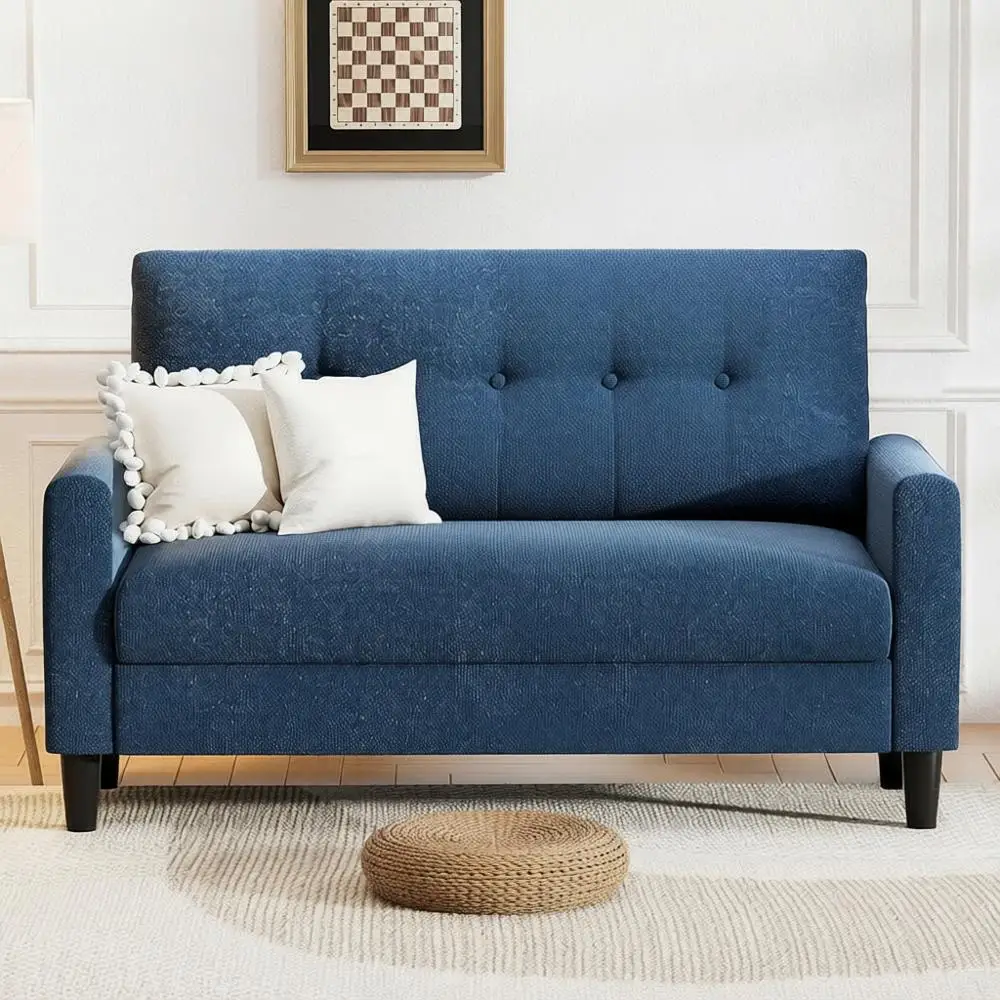 

Navy Blue Chenille Loveseat, Small Couch, Living Room, Bedroom, Office, Comfort Love Seat, Spring Cushion, Solid Wood, Tool-Free