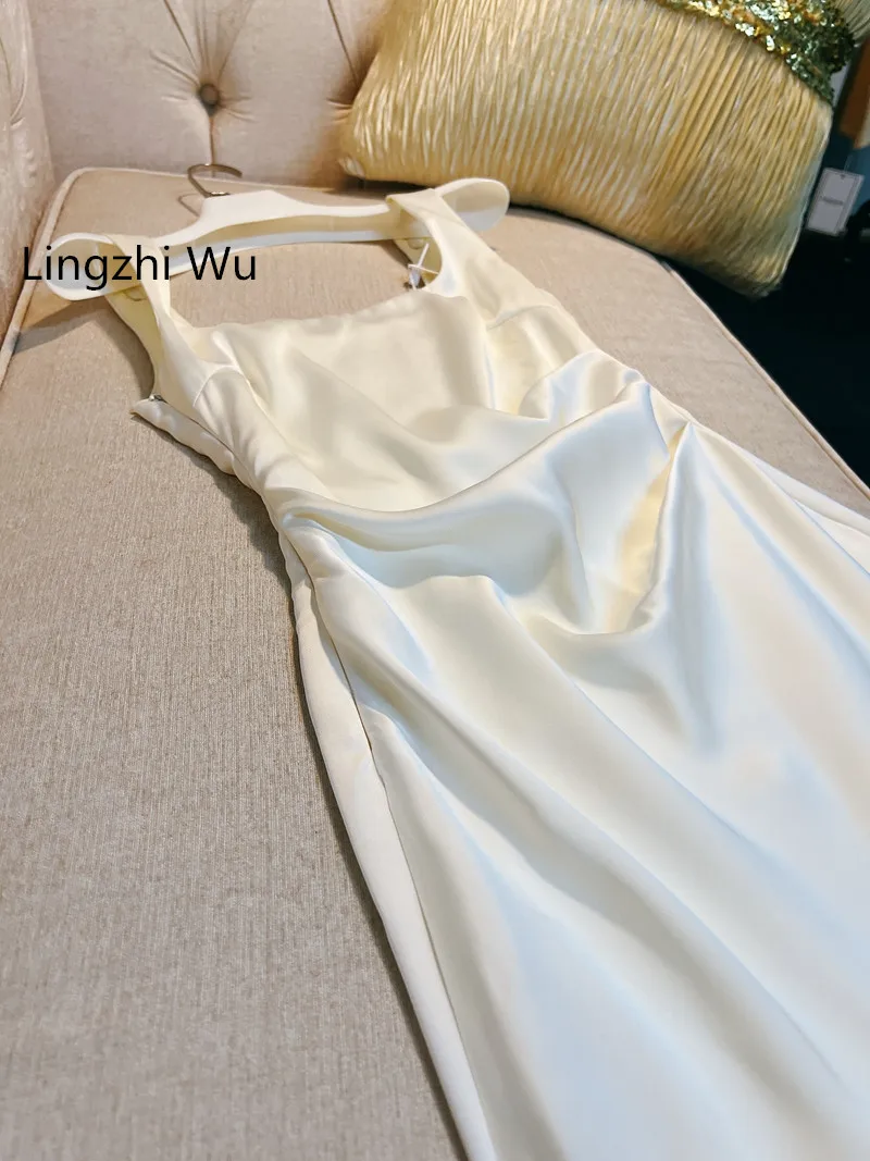 Lingzhi Wu White Satin Dress Spaghetti Strap Vestidos Female Summer Elegant Top Quality Fish Tail Dresses French Formal Dresses