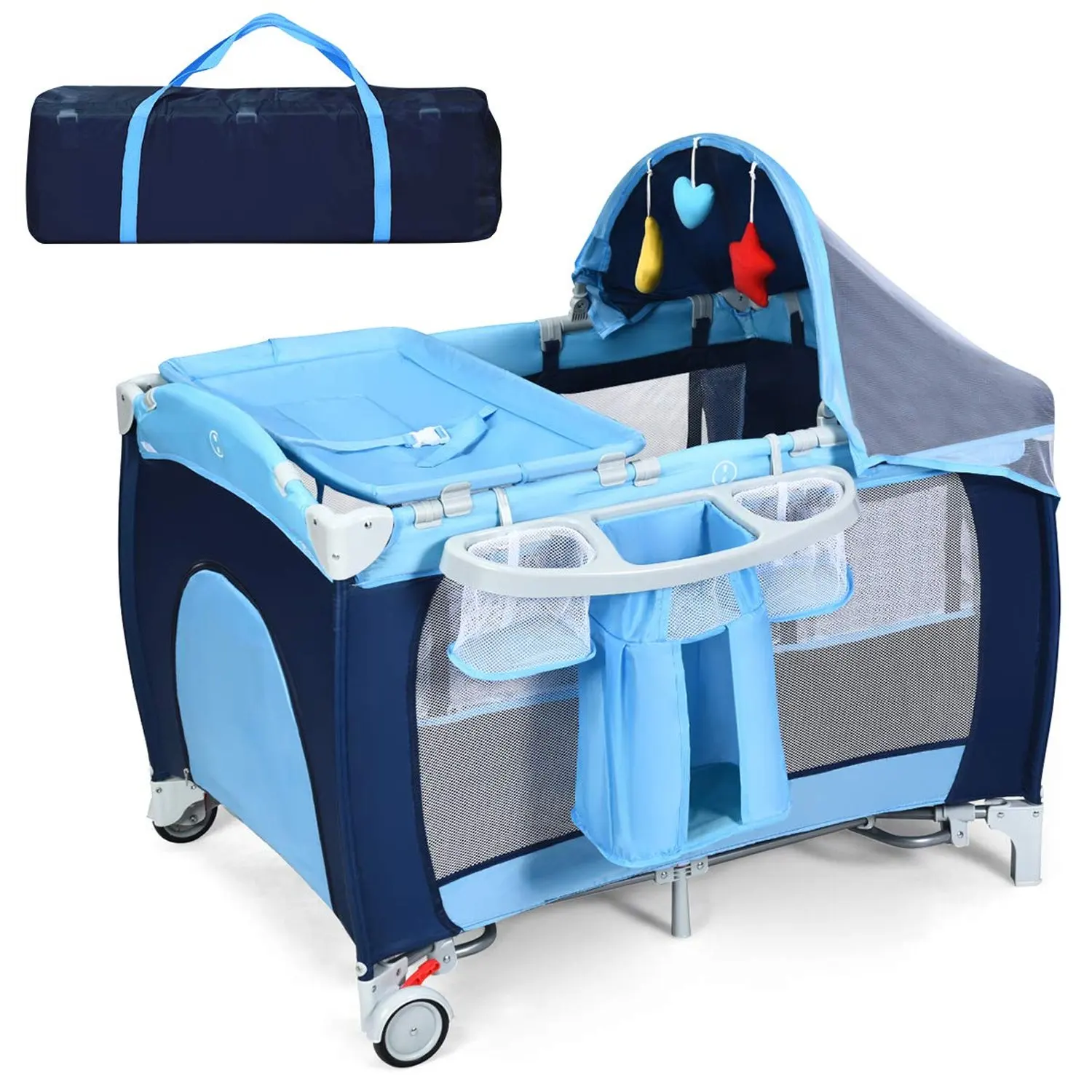 4-in-1 Klappbares Reisebett & Babywiege & Wickeltisch & Laufstall mit Schaukelfunktion, Inklusive Musikbox, Spielbogen