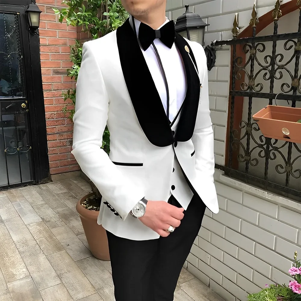 Elegant Men\'s 3-piece Suit Set Velvet Collar Design Formal Groom Tuxedo Wedding Outfit (Jacket Pants Vest)XS-5XL