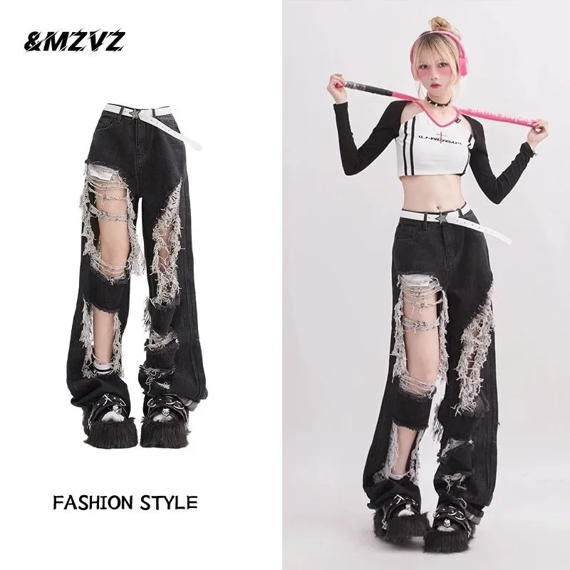 2025 New Vintage Women Gothic Black Jeans High Waist Korean Y2k Streetwear Ripped Pants Harajuku Fashion Wide Leg Denim Trousers
