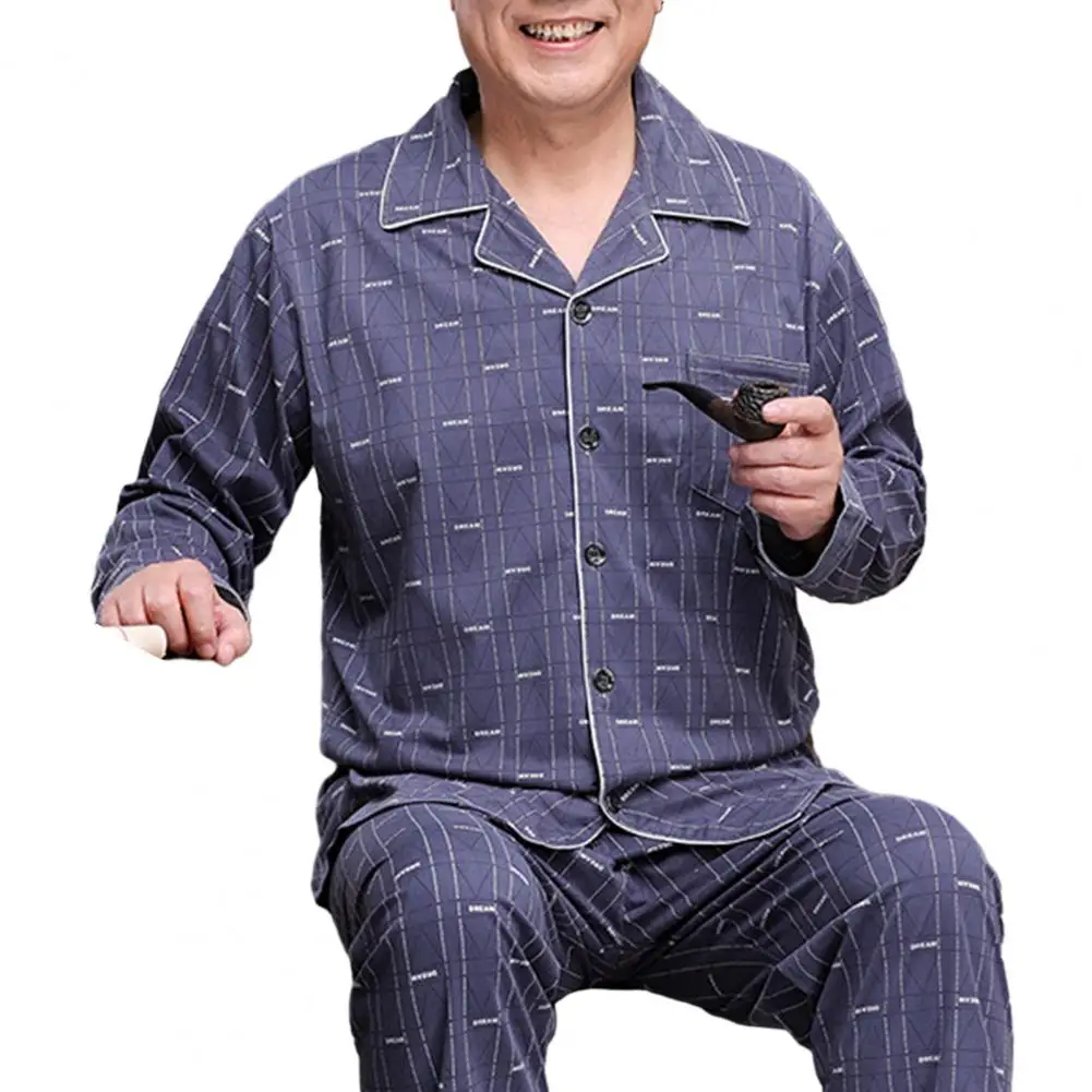 Set piyama pria setengah baya ayah musim semi musim panas, Set piyama dengan kemeja lengan panjang longgar celana kaki lebar nyaman untuk pria