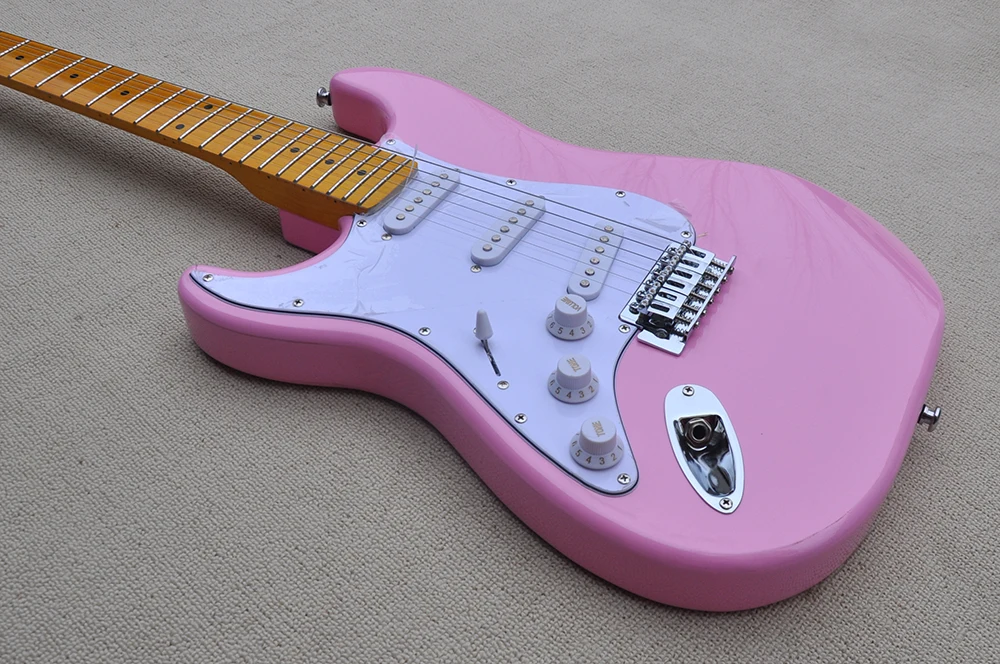 6 Strings Pink Left Hand Electric Guitar with SSS Pickups,yellow Maple Fretboard,Can be Customized