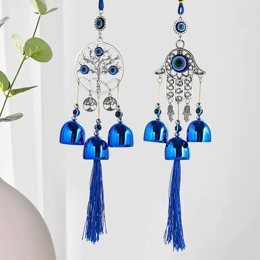 Lucky Turkish Devil Eye Bead Tree of Life Tassel Bell Wind Chimes Fatima Hand Hanging Pendant Amulet Feng Shui Home Wall Decor